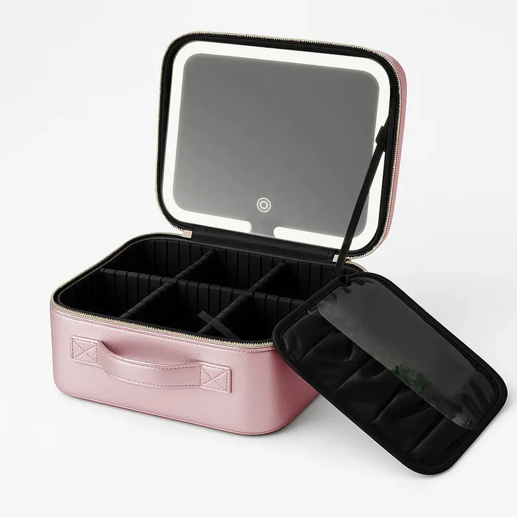 Travel LED Cosmetic Case With Light and Mirror Makeup Bag Large Capacity Premium Portable Cosmetic Bag Detachable Partition Bag