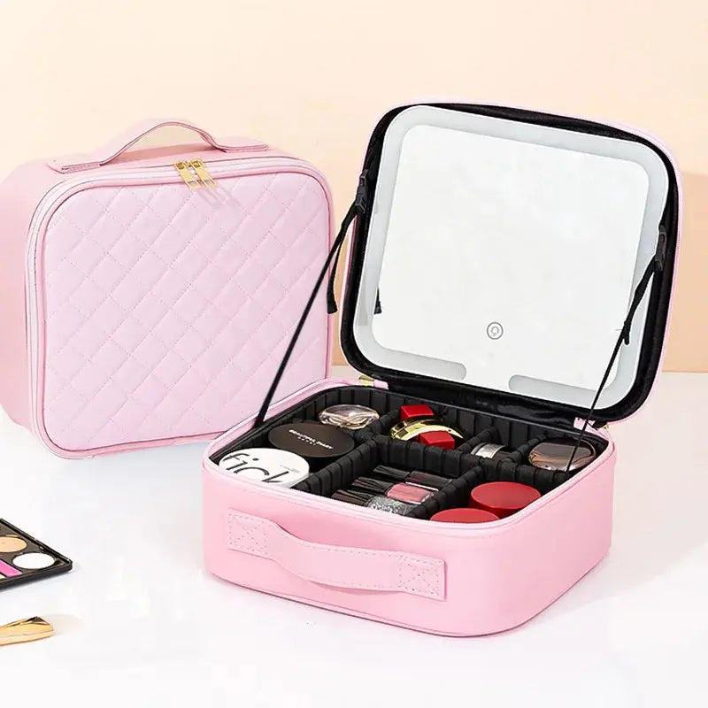 Travel LED Cosmetic Case With Light and Mirror Makeup Bag Large Capacity Premium Portable Cosmetic Bag Detachable Partition Bag