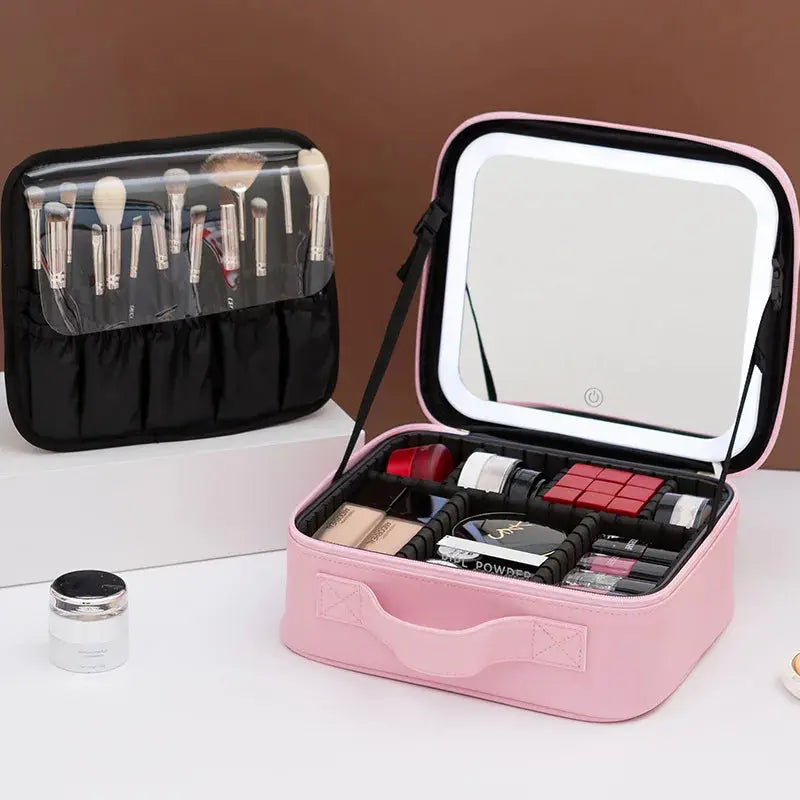 Travel LED Cosmetic Case With Light and Mirror Makeup Bag Large Capacity Premium Portable Cosmetic Bag Detachable Partition Bag