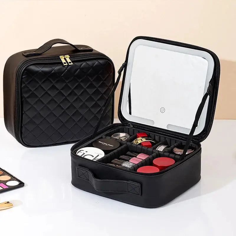 Travel LED Cosmetic Case With Light and Mirror Makeup Bag Large Capacity Premium Portable Cosmetic Bag Detachable Partition Bag