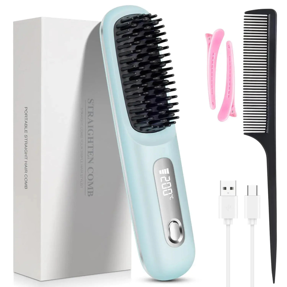USB Rechargeable Cordless Hair Straightening Brush – Titanium Coated dylinoshop