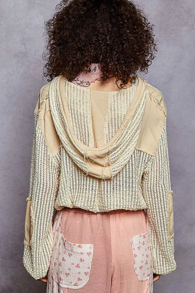 POL Texture Woven Button Down Hooded Shirt with Drawstring Hem 