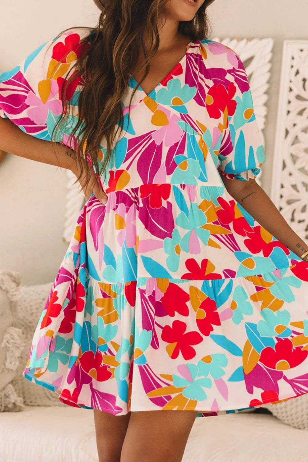 Floral Bubble Sleeve V Neck Tiered Ruffle Babydoll Dress 