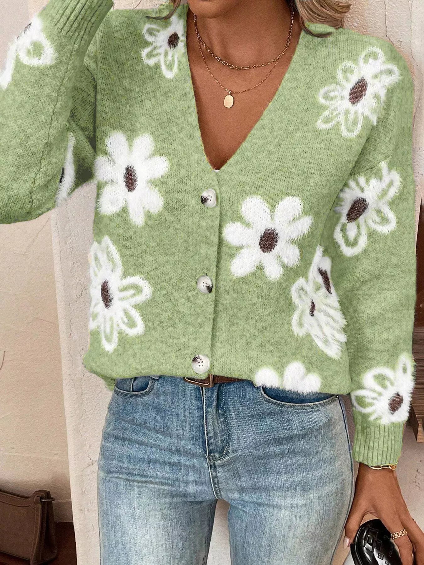Floral Print Button-Up Knit Cardigan 