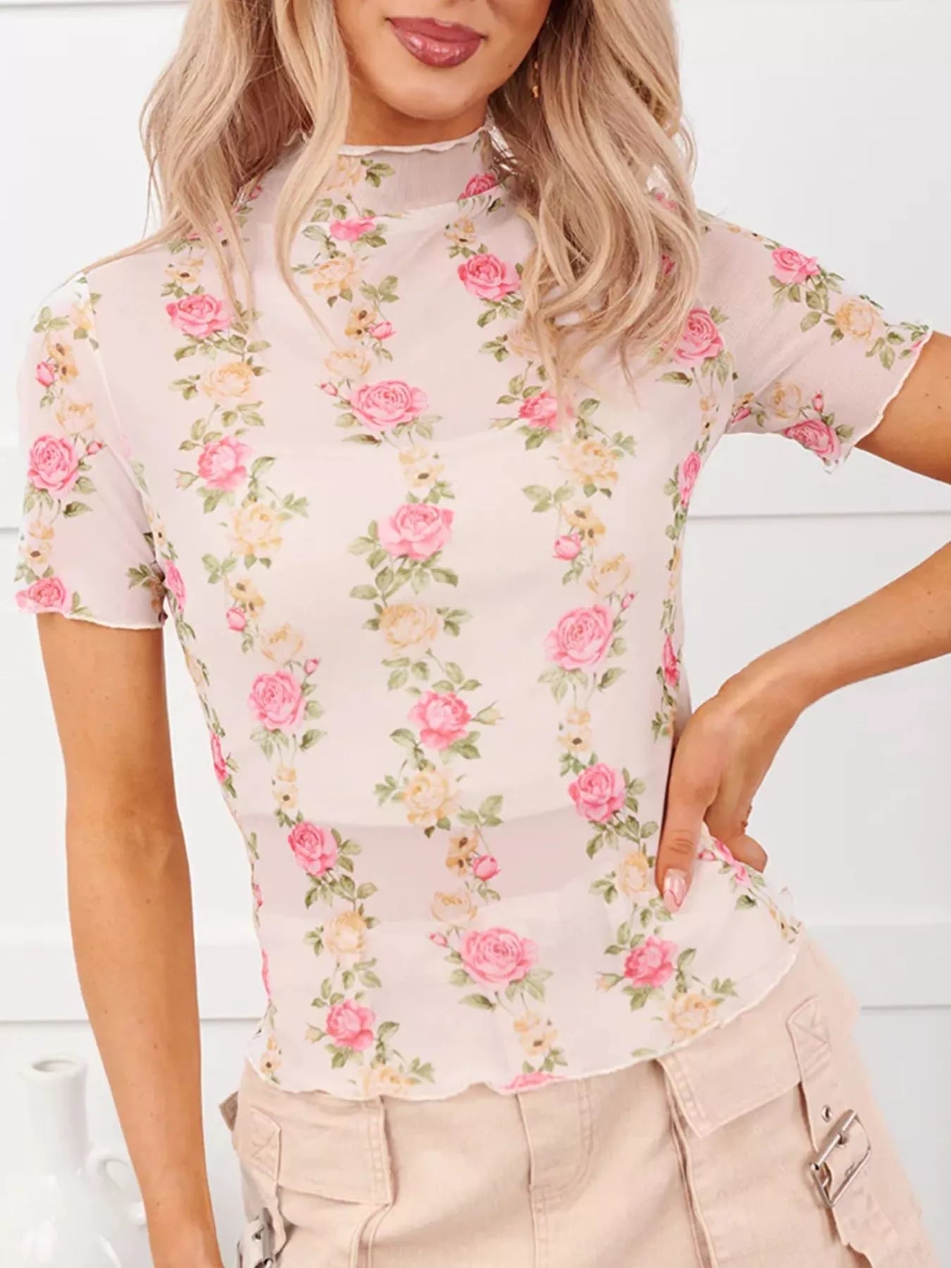 Floral Print Sheer Mesh Top 