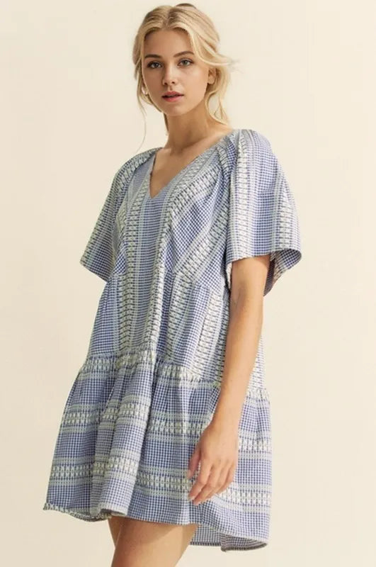 Davi & Dani Embroidered Stripe Ruffled Gingham Mini Dress 