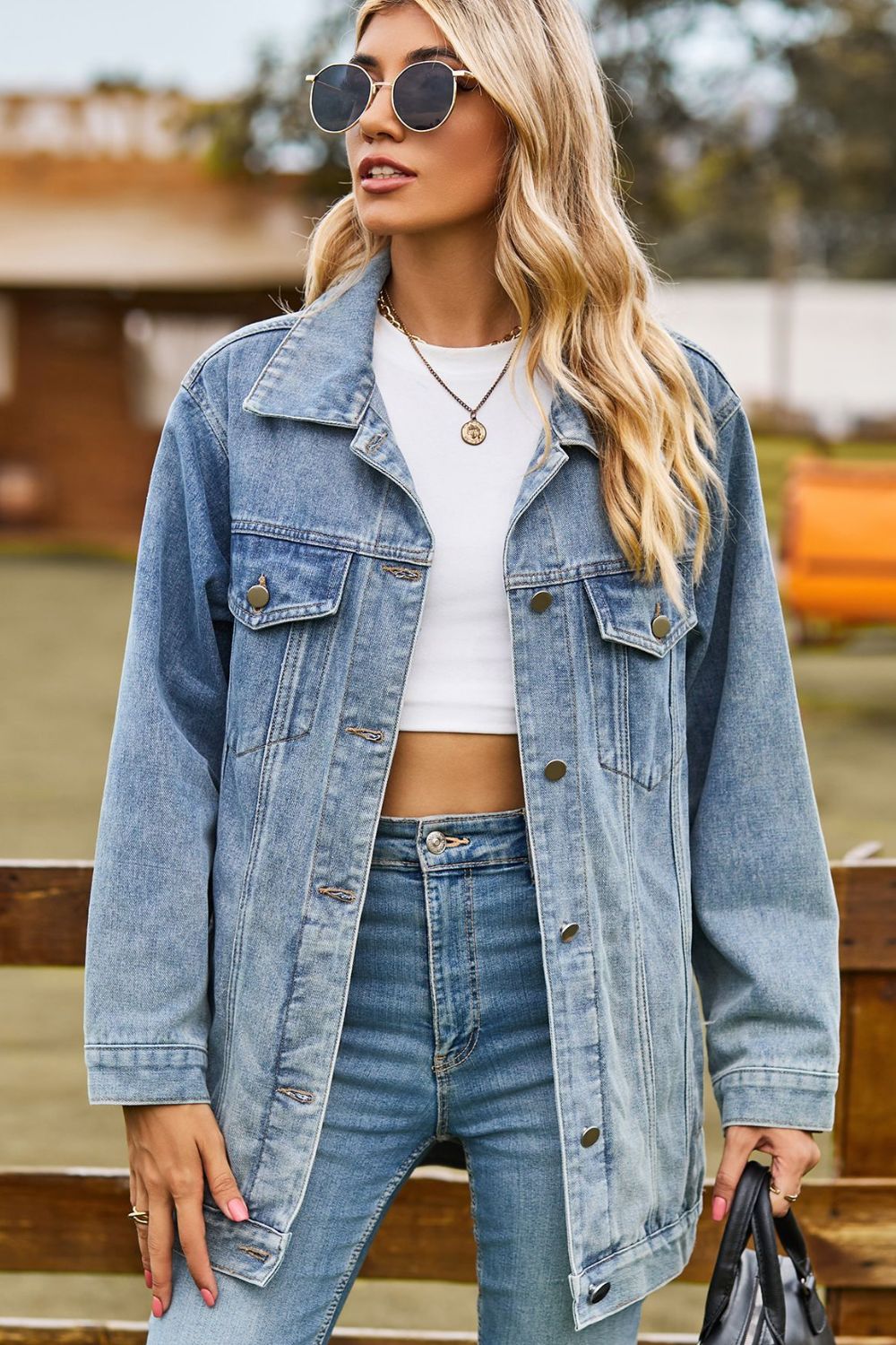 Buttoned Collared Neck Denim Jacket with Pockets 