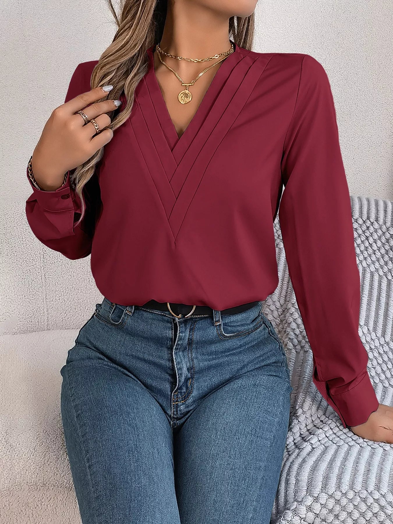 Layered V-Neck Long Sleeve Blouse 