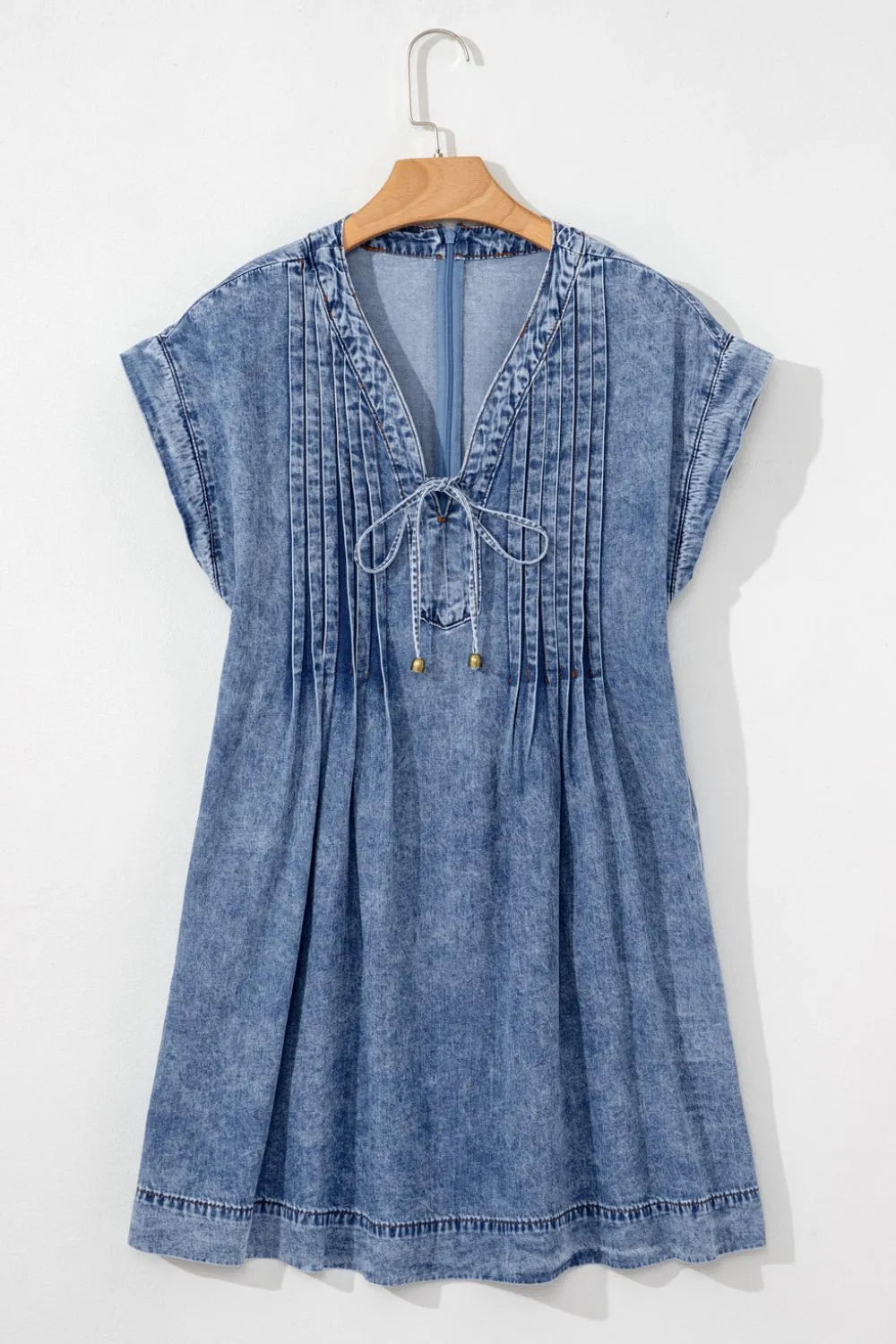 Tie V Neck Tucking Detail Short Sleeve Denim Dress 