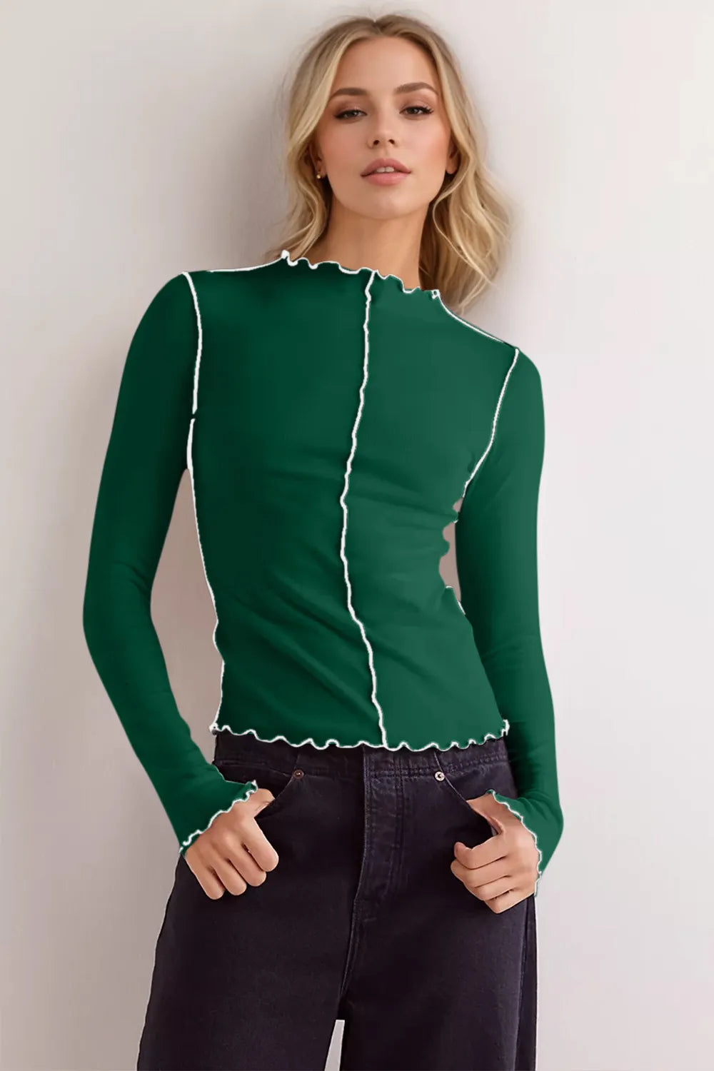 Basic Bae Contrast Trim Mock Neck Long Sleeve T-Shirt 