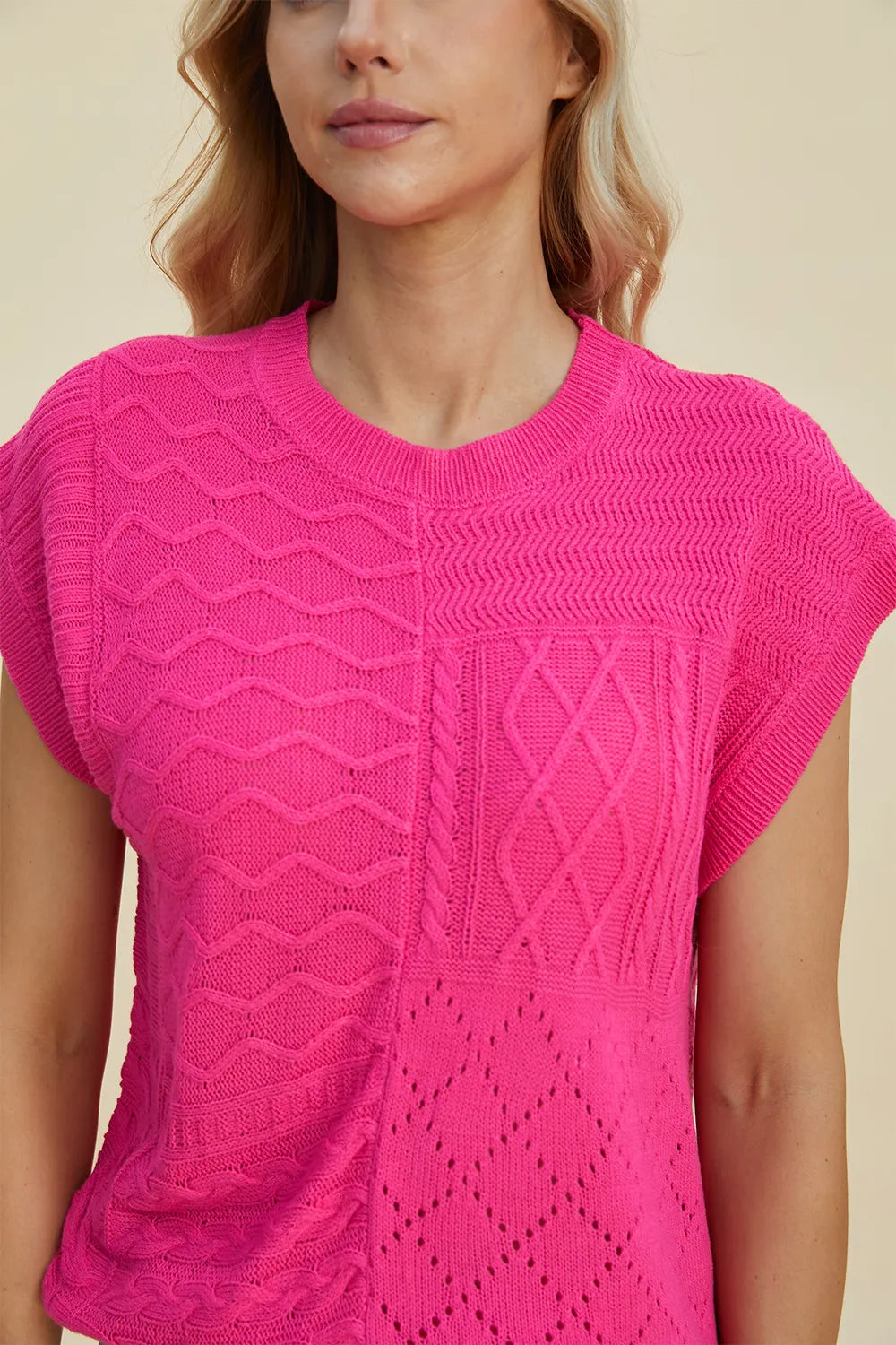 Double Take Full Size Cable-Knit Round Neck Cap Sleeve Sweater 