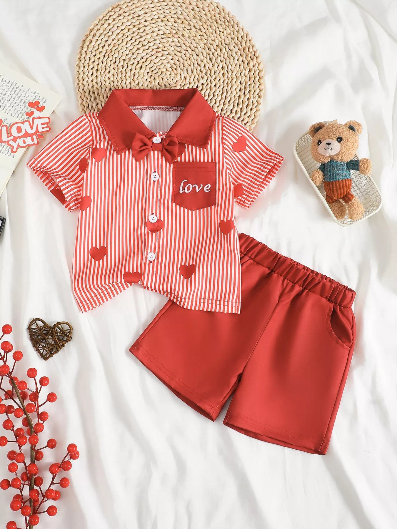 Children's Lucky Clover Print Striped Shirt & Shorts Set 