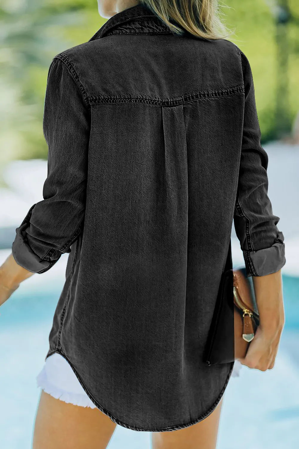 Pocketed Collared Neck Long Sleeve Denim Top 