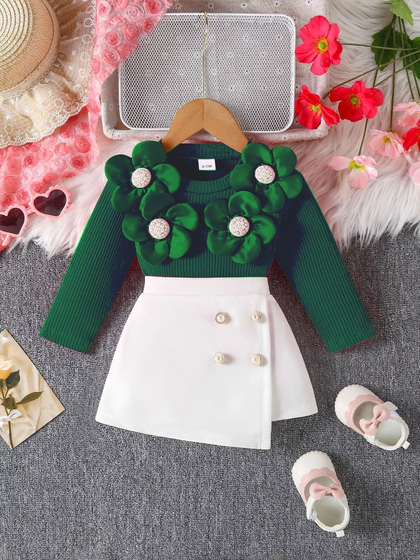 Children's Floral Applique Ribbed Top & Button Decor Skirt Set 