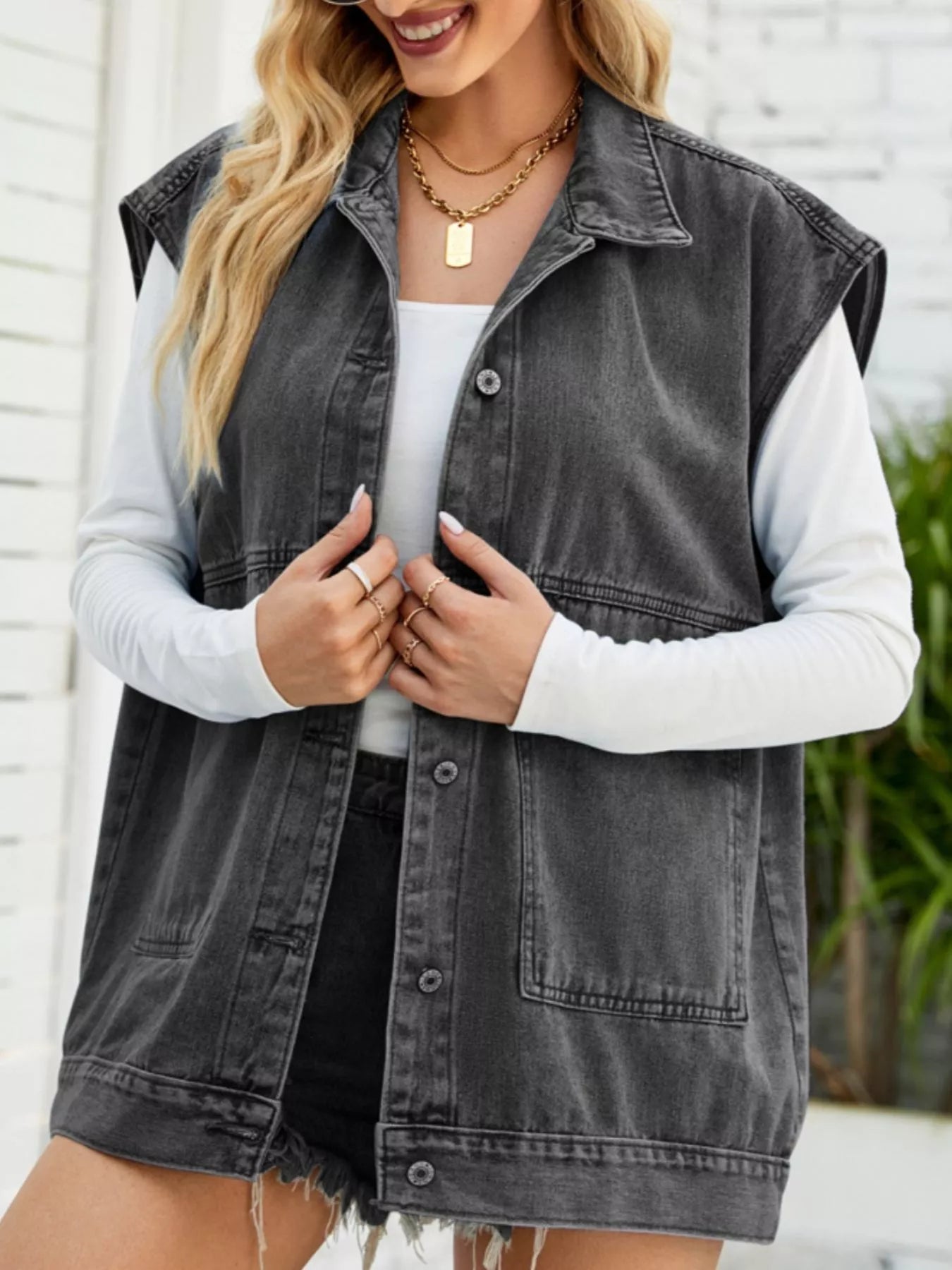 Sleeveless Button-Down Denim Jacket 
