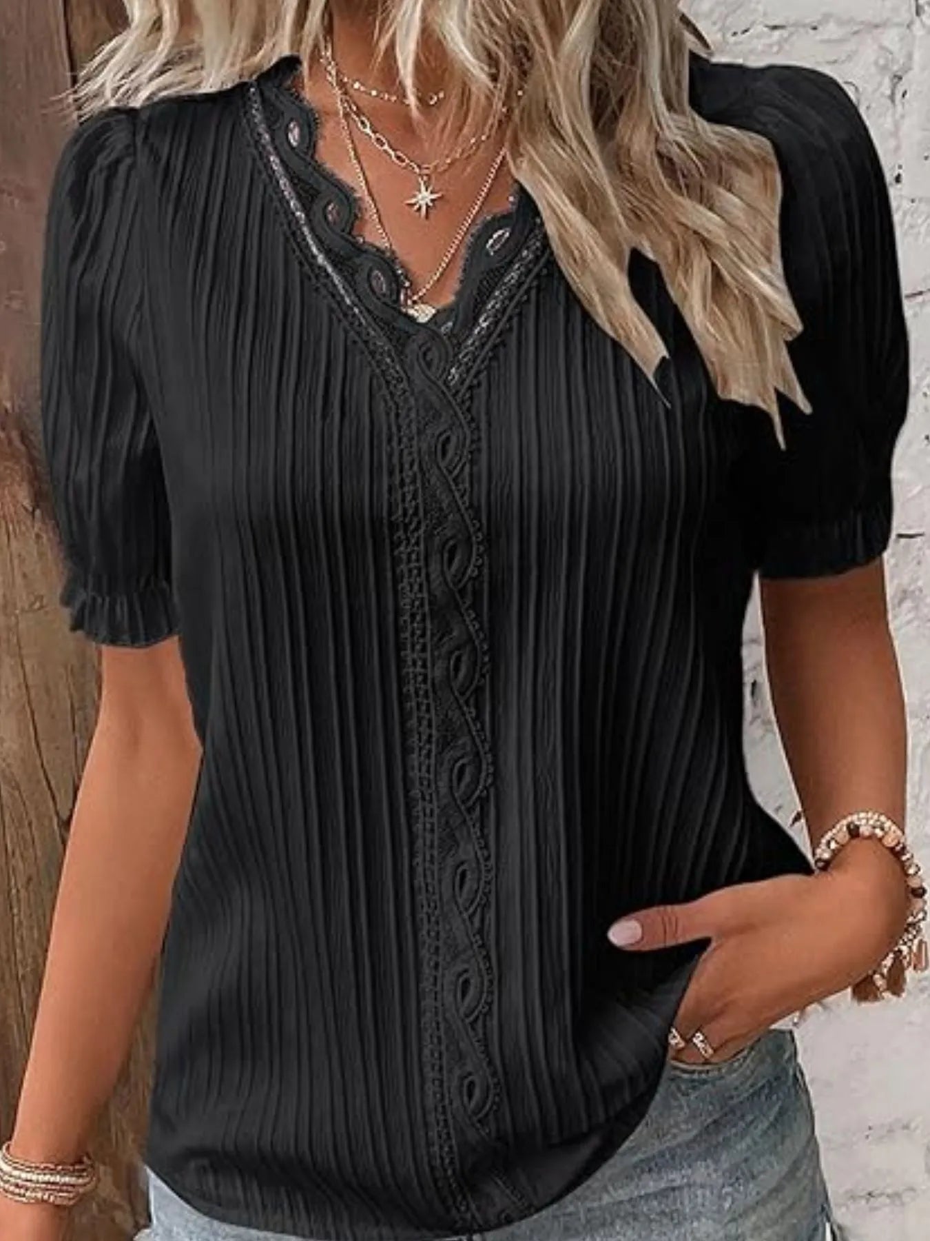 Full Size Lace Detail V-Neck Blouse Plus Size 
