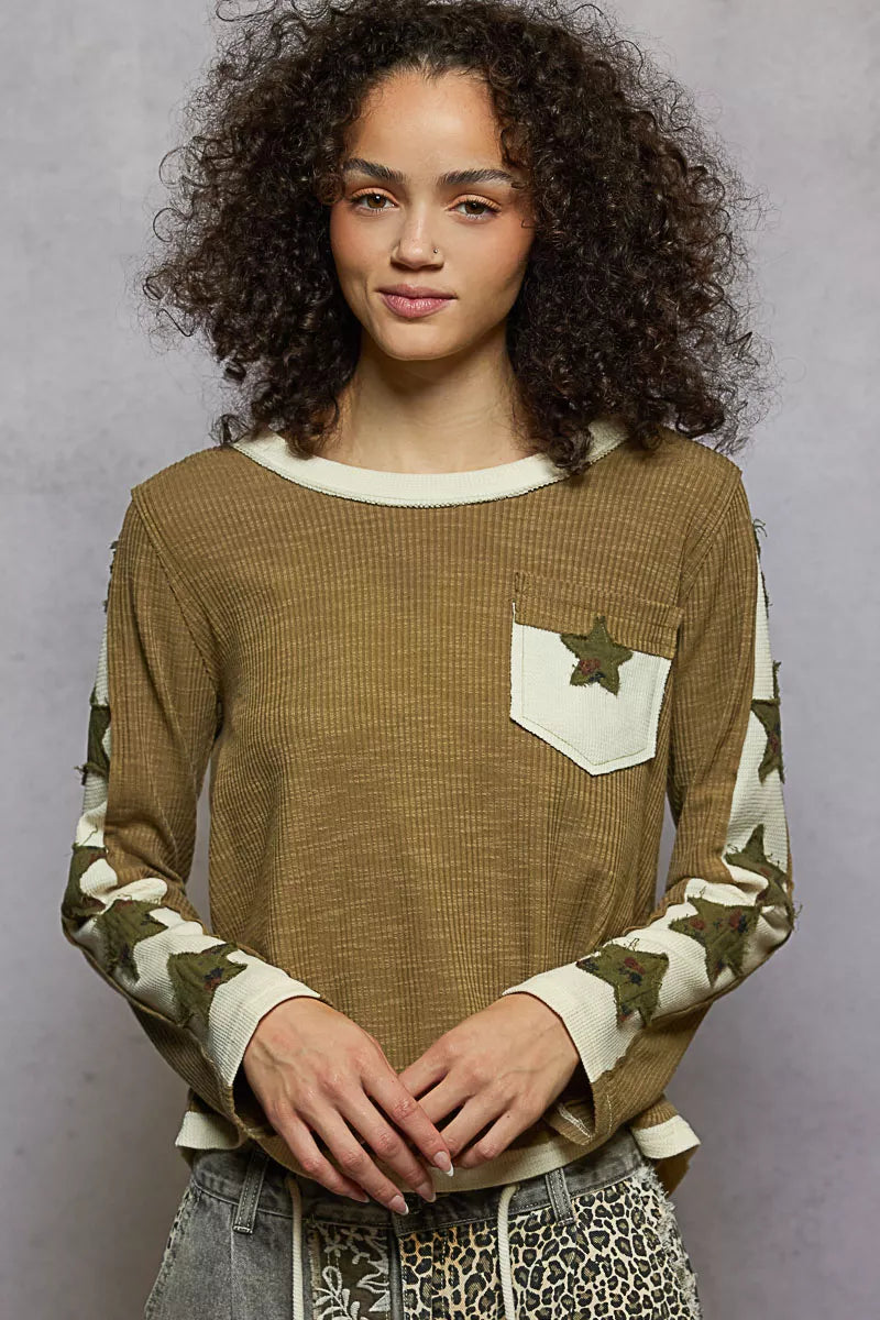 POL Round Neck Long Sleever T-Shirt with Star Patch 