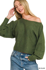 Zenana Boat Neck Balloon Sleeve Sweater 