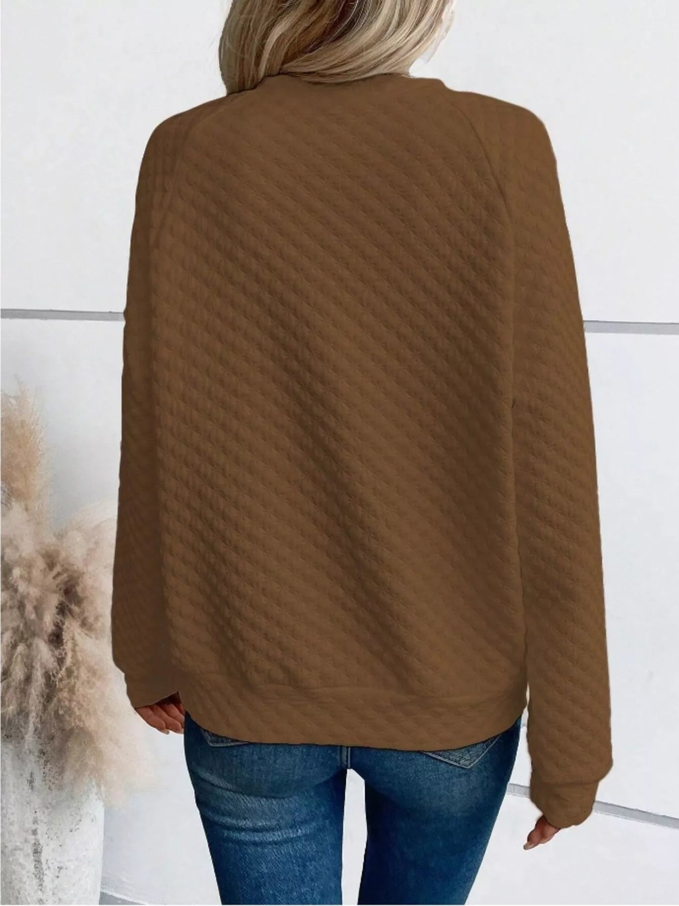 Textured Notched Raglan Sleeve Sweatshirt 