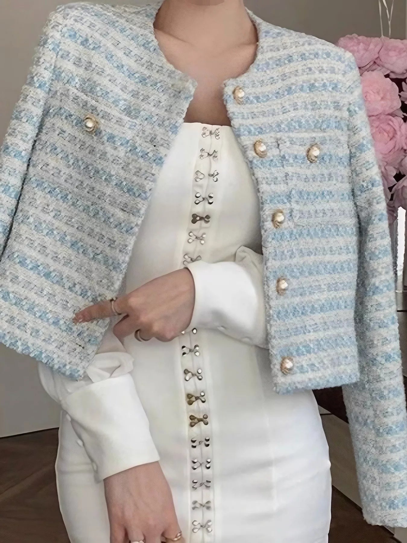 Button Up Cropped Tweed Outerwear 