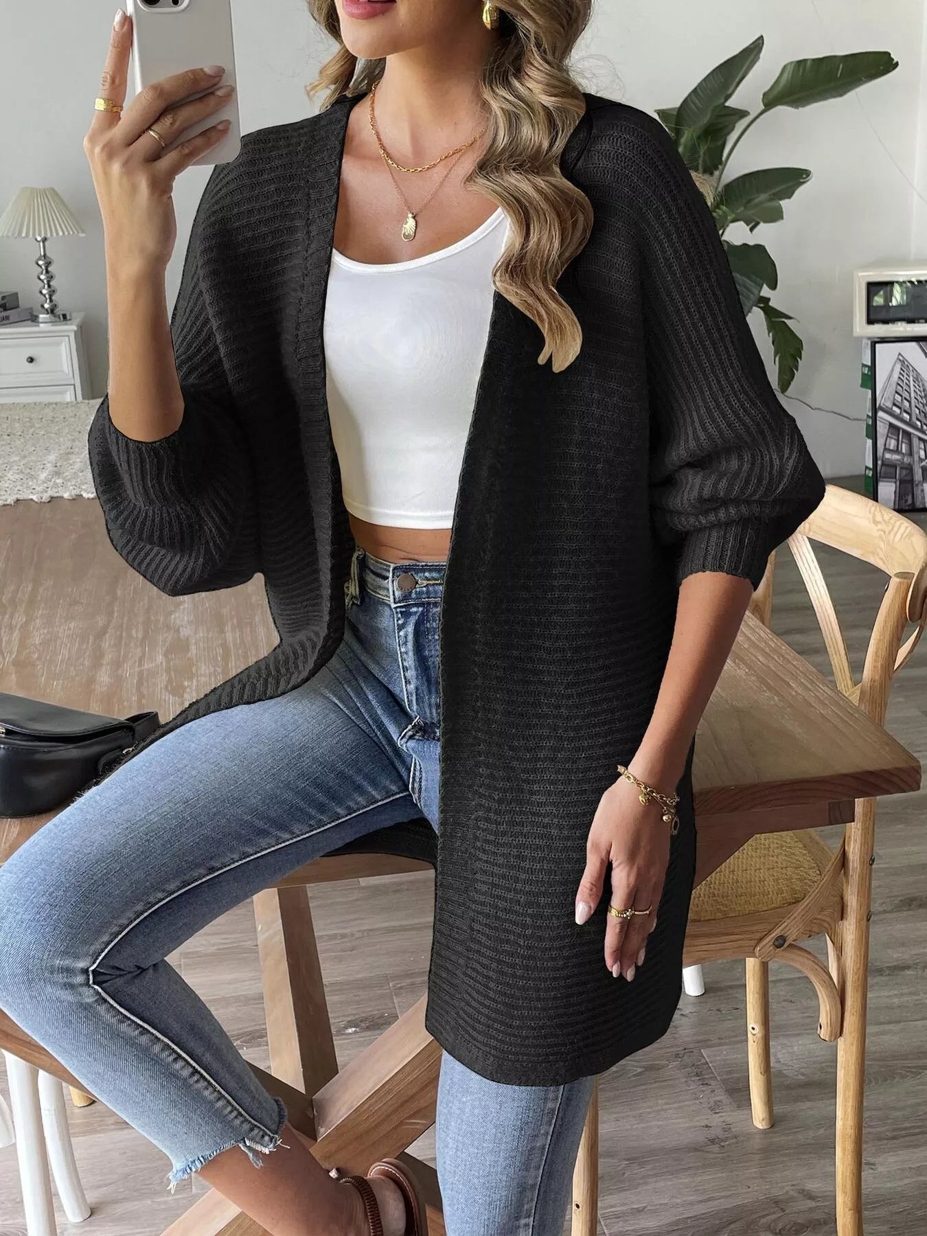 Open Front Drop Shoulder Cardigan 