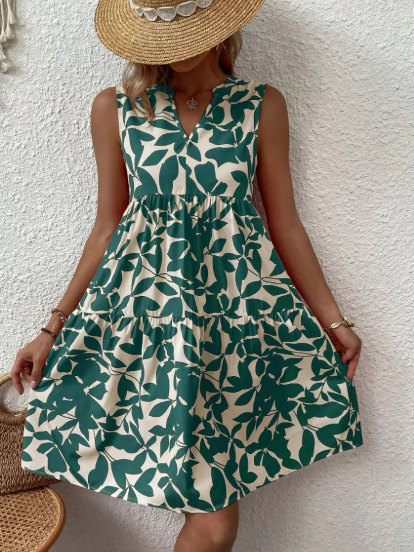 Full Size Printed Notched Sleeveless Mini Dress Plus Size 