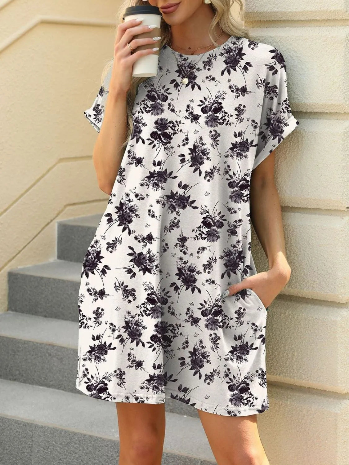 Printed Round Neck Short Sleeve Mini Dress 