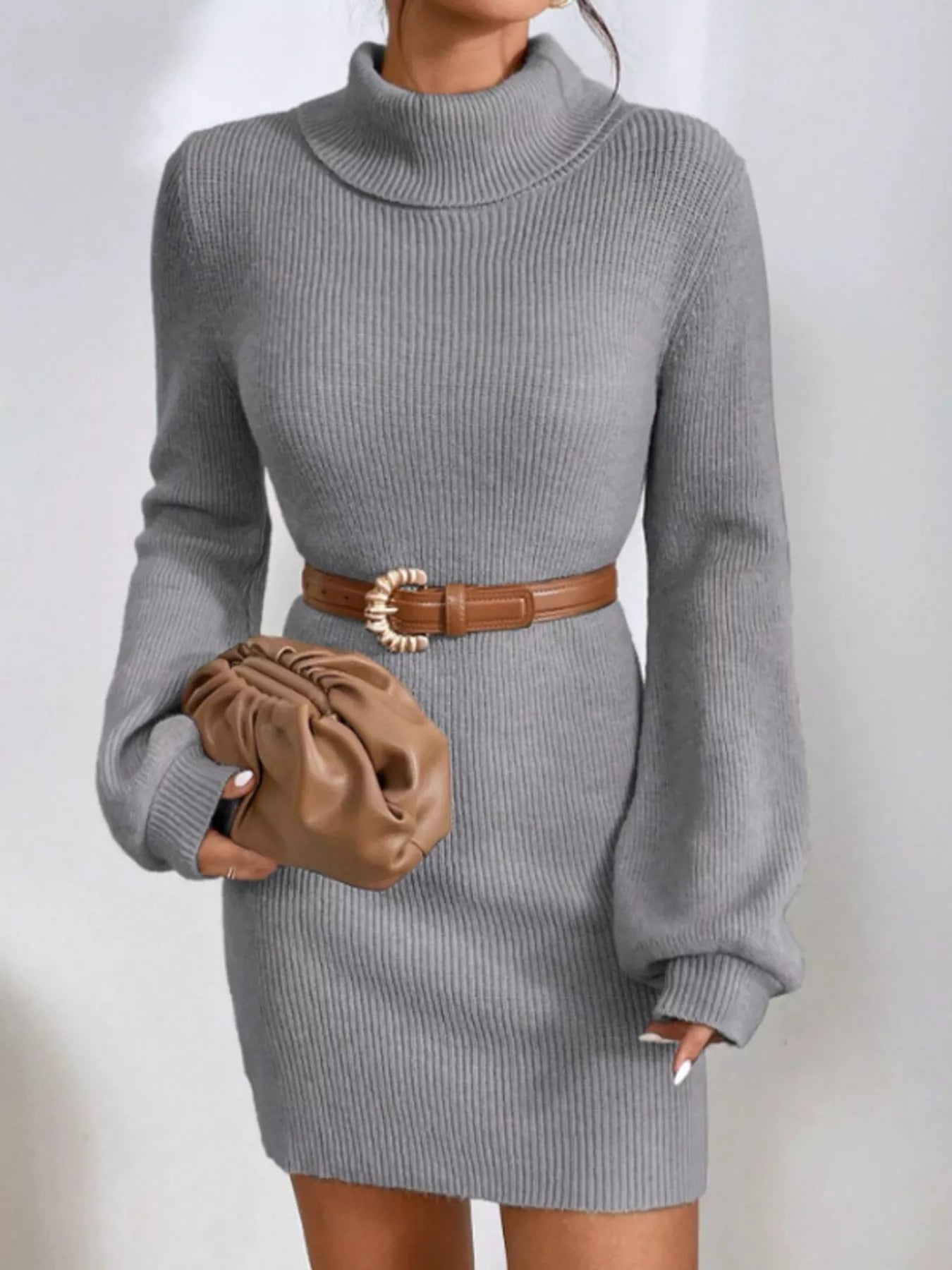 Turtleneck Ribbed Knit Sweater Dress 