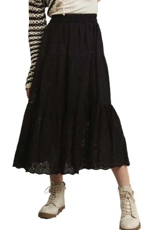 ADORA Elastic Waistband Tiered Midi Skirt 