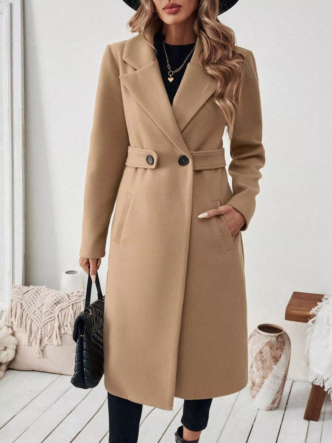One Button Wool Blend Overcoat 