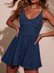 Smocked Back Adjustable Strap Denim Mini Dress 