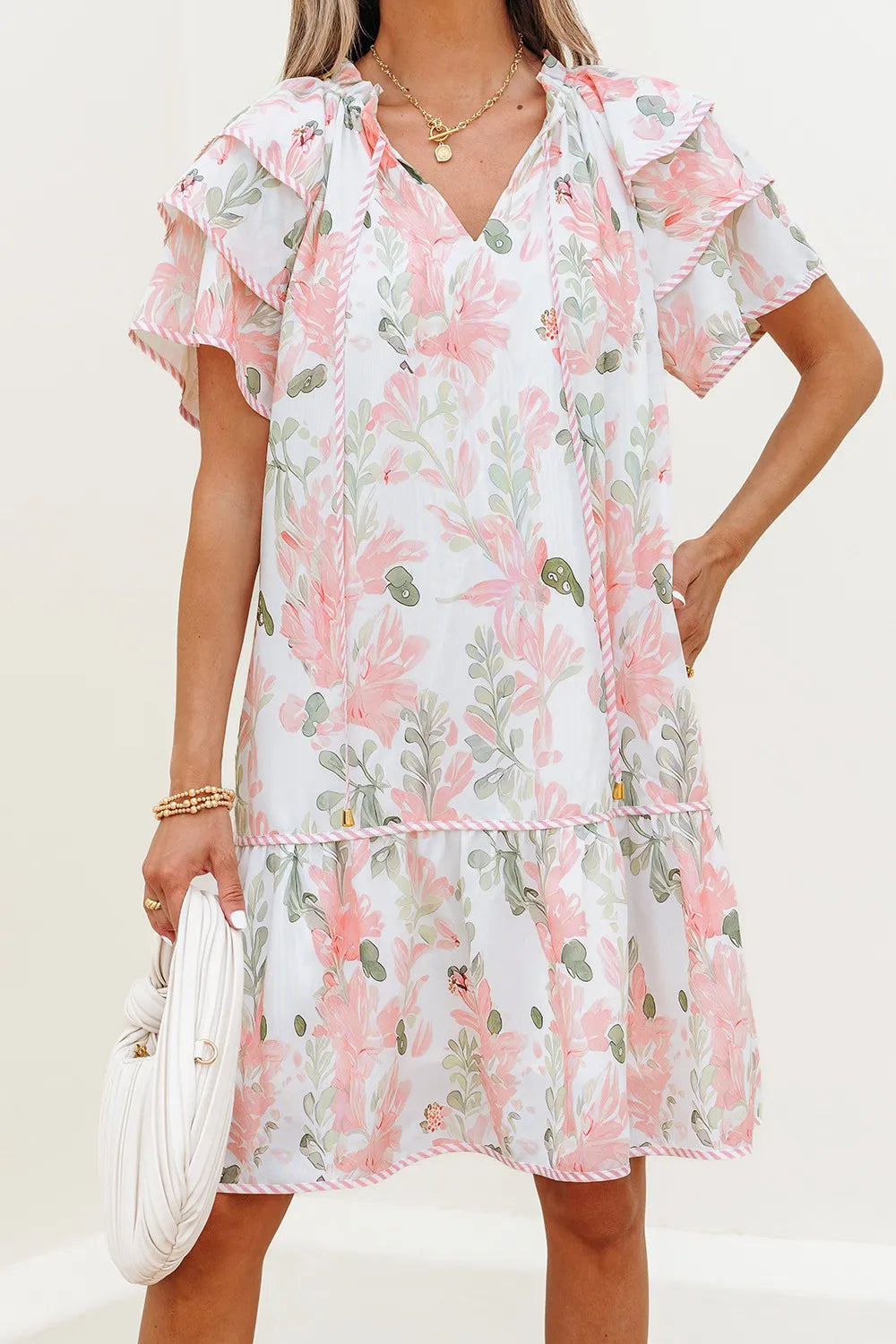 Floral Contrast Edge Layered Short Sleeve Mini Dress 