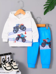 Children's Cartoon Truck Graphic Hoodie & Pants Set 