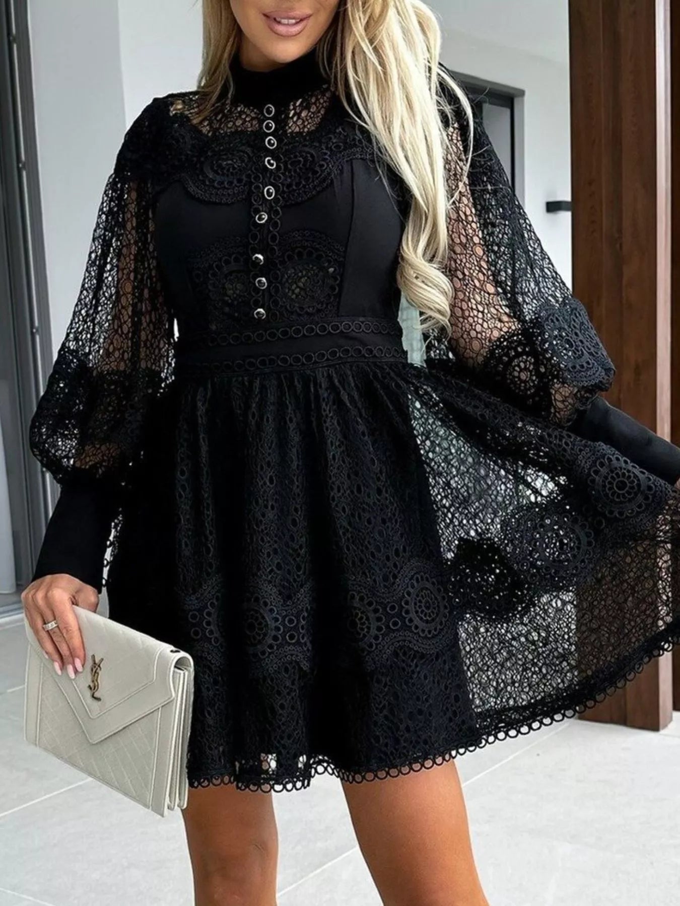 Lace Lantern Sleeve Mini Dress 