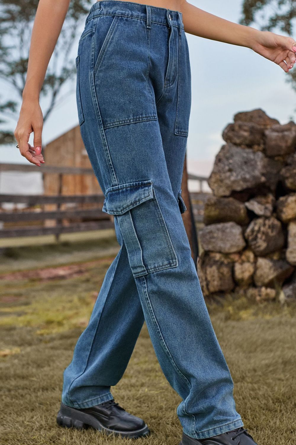 Loose Fit Long Jeans with Pockets 