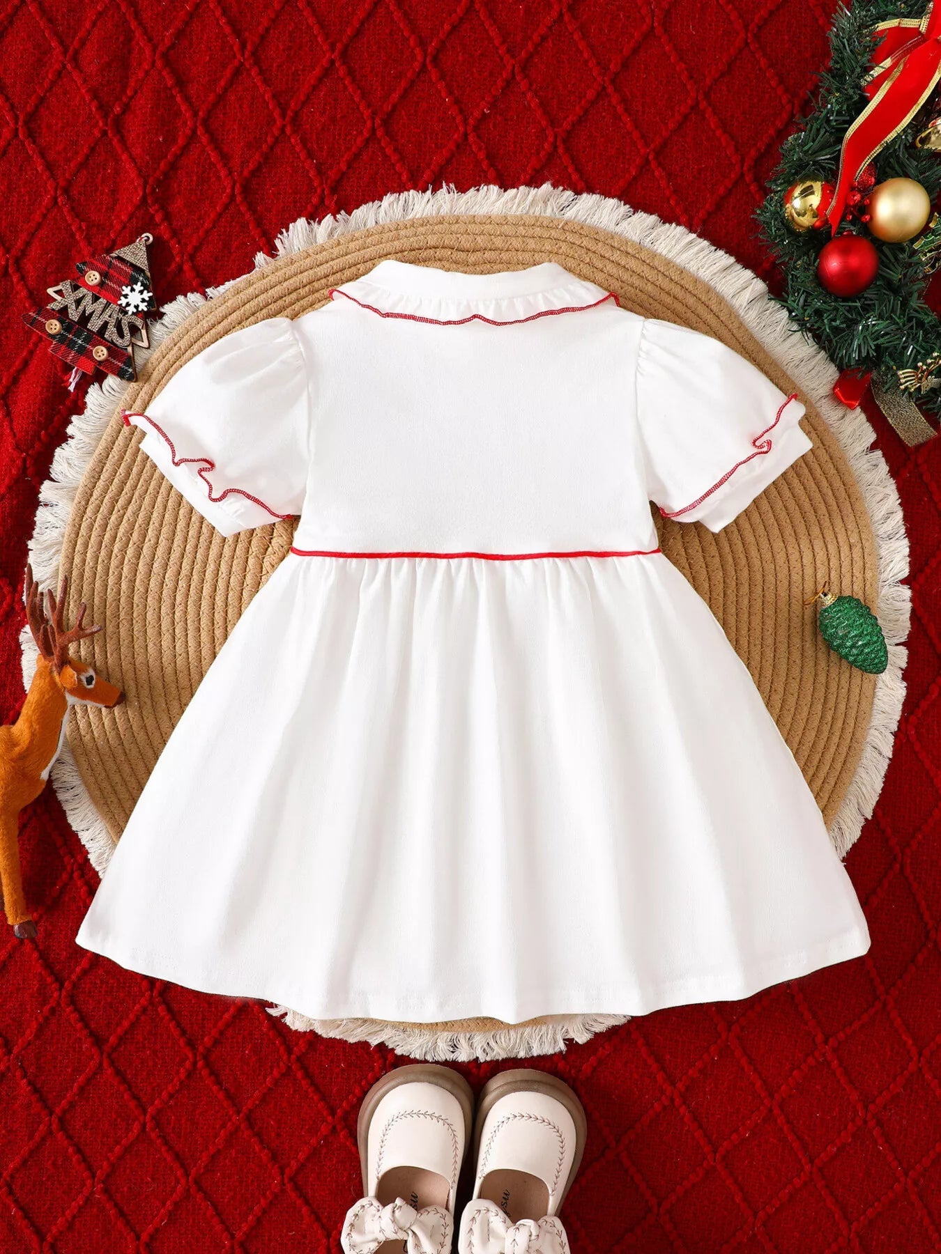 Children's Christmas Tree Embroidered Ruffle Trim Dress 