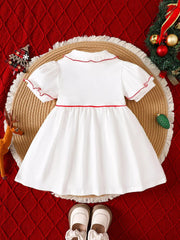 Children's Christmas Tree Embroidered Ruffle Trim Dress 
