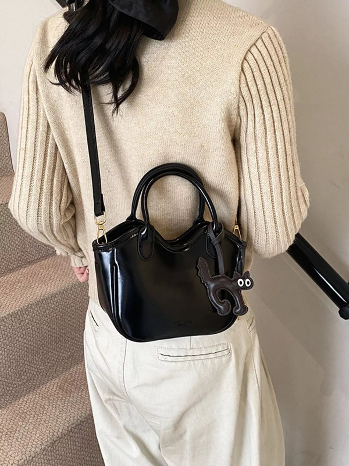 Leather Cat Charm Crossbody Bag 