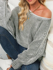 Striped Ribbed Knit Boat Neck Baggy Sweater 