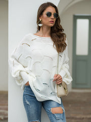 Full Size Boat Neck Lantern Sleeve Openwork Knit Top 