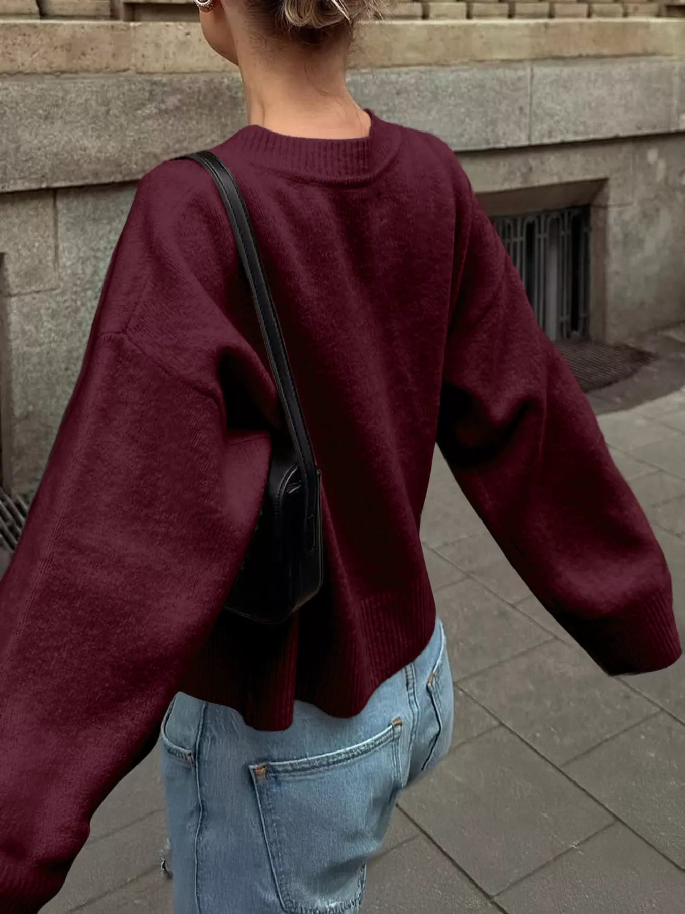 Ribbed Round Neck Dropped Shoulder Sweater 