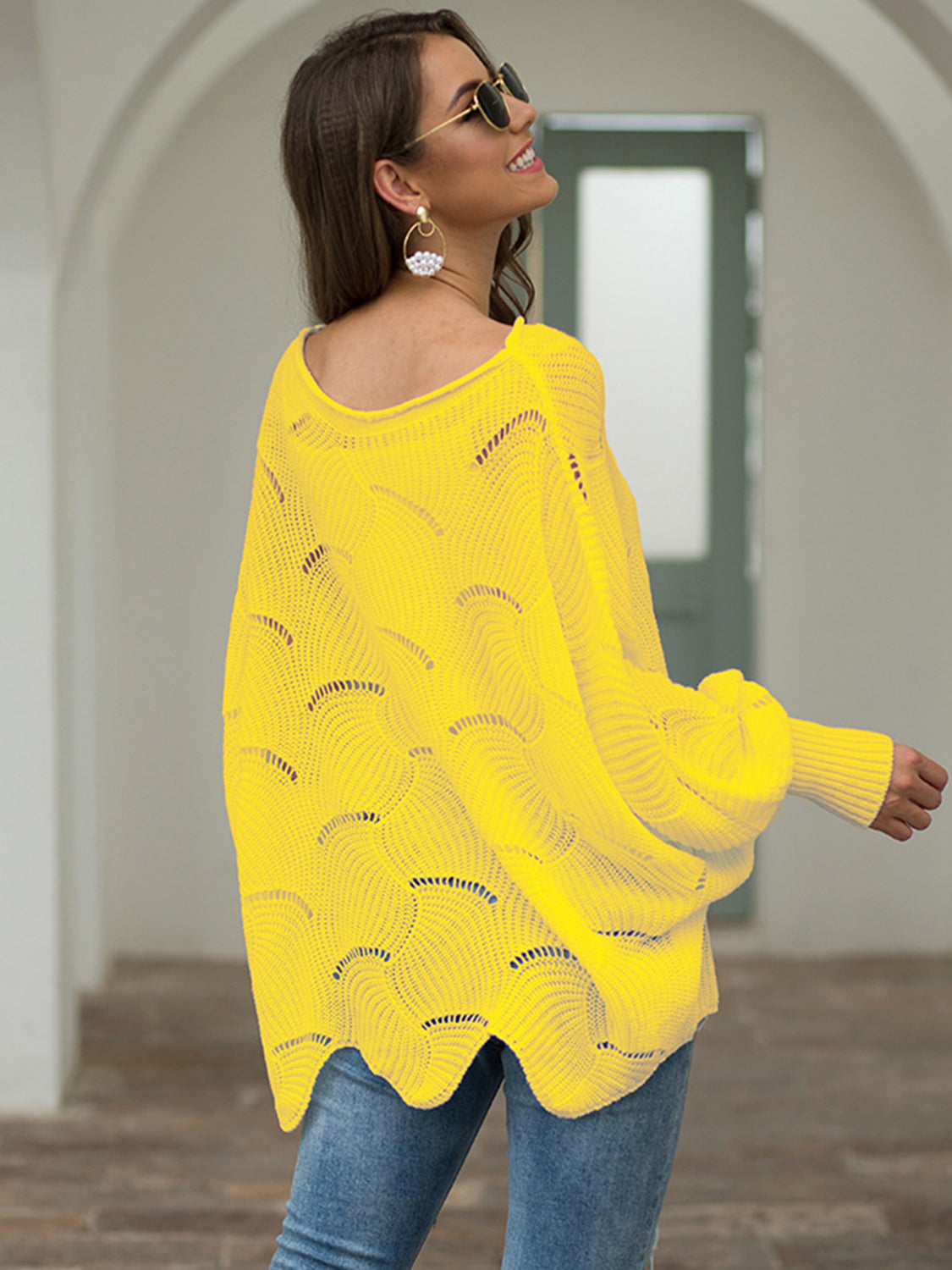 Full Size Boat Neck Lantern Sleeve Openwork Knit Top 