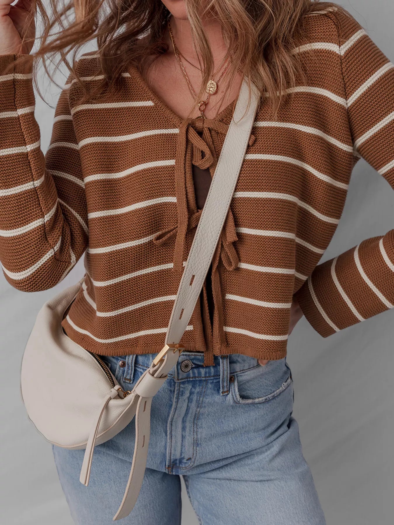 Tie Front Striped Knit V Neck Cardigan 
