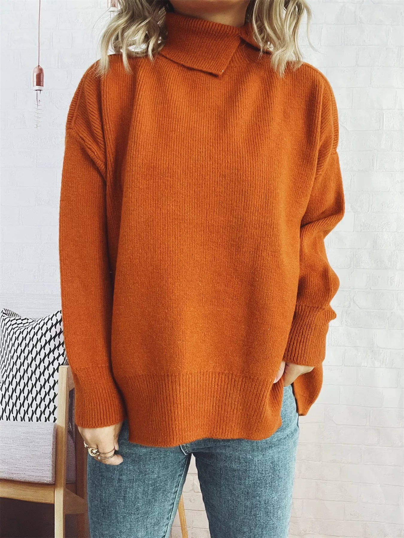 Slit Turtleneck Long Sleeve Sweater 