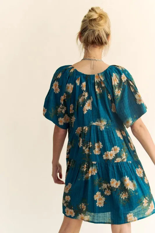 Davi & Dani Floral Print Short Bell Sleeve Pleated Mini Dress 