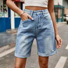 Distressed Buttoned Denim Shorts with Pockets 