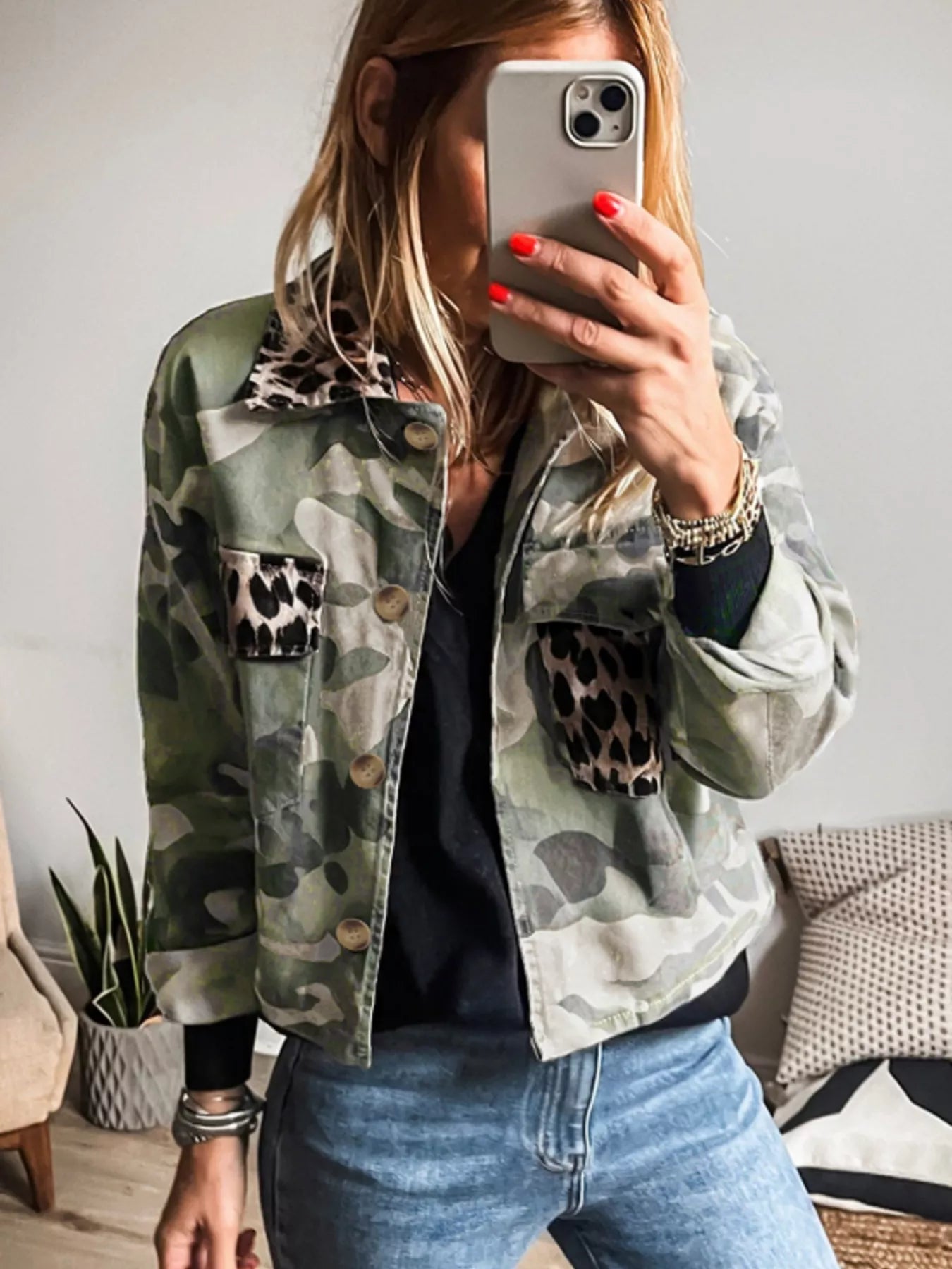 Camo Print Leopard Trim Button Up Jacket 