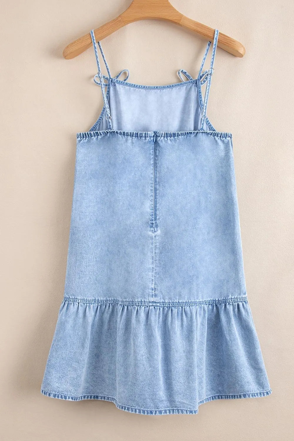 Bow Detail Spaghetti Straps Ruffle Hem Denim Dress 