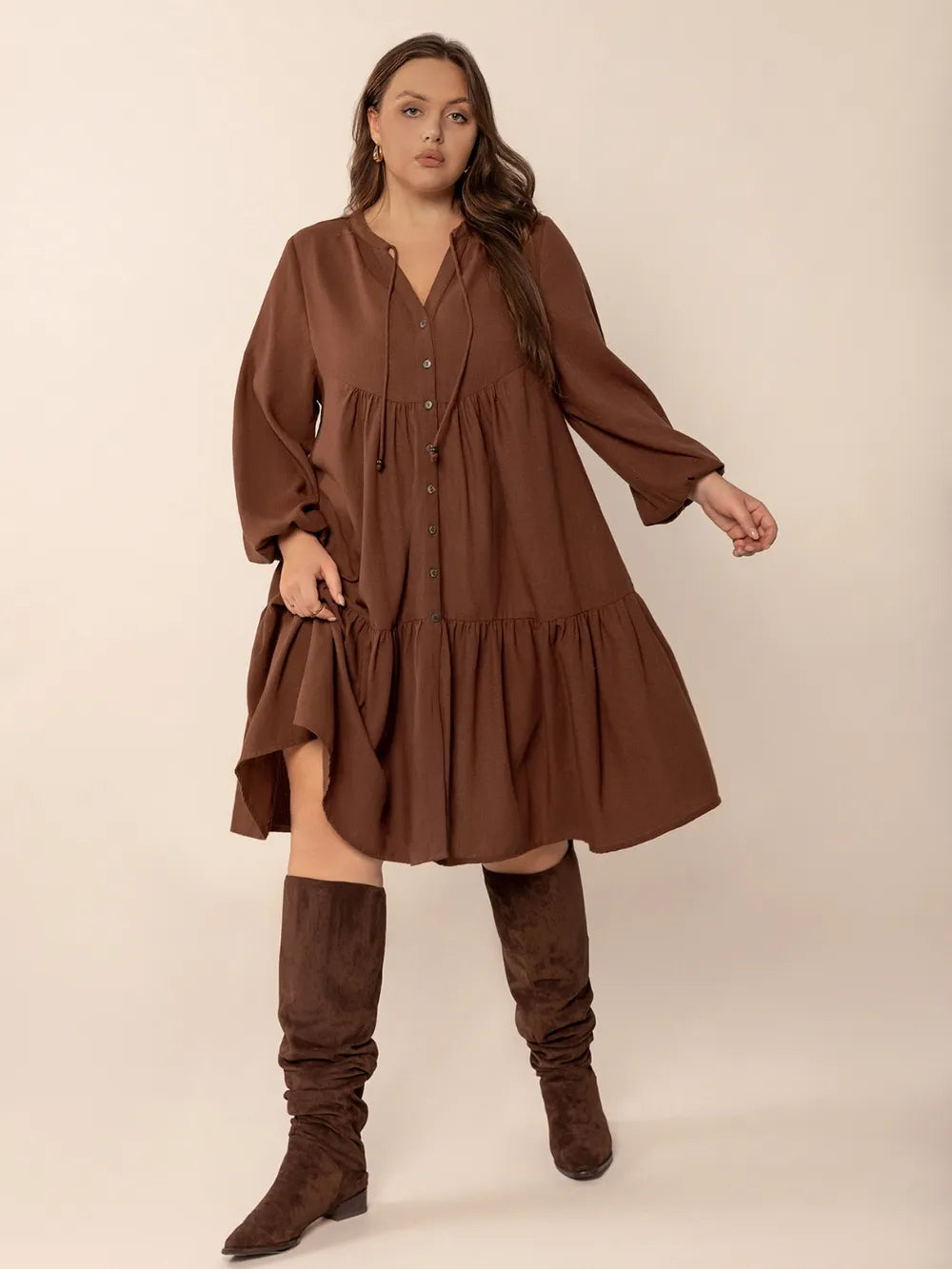 Plus Size Tie Neck Balloon Sleeve Tiered Dress 