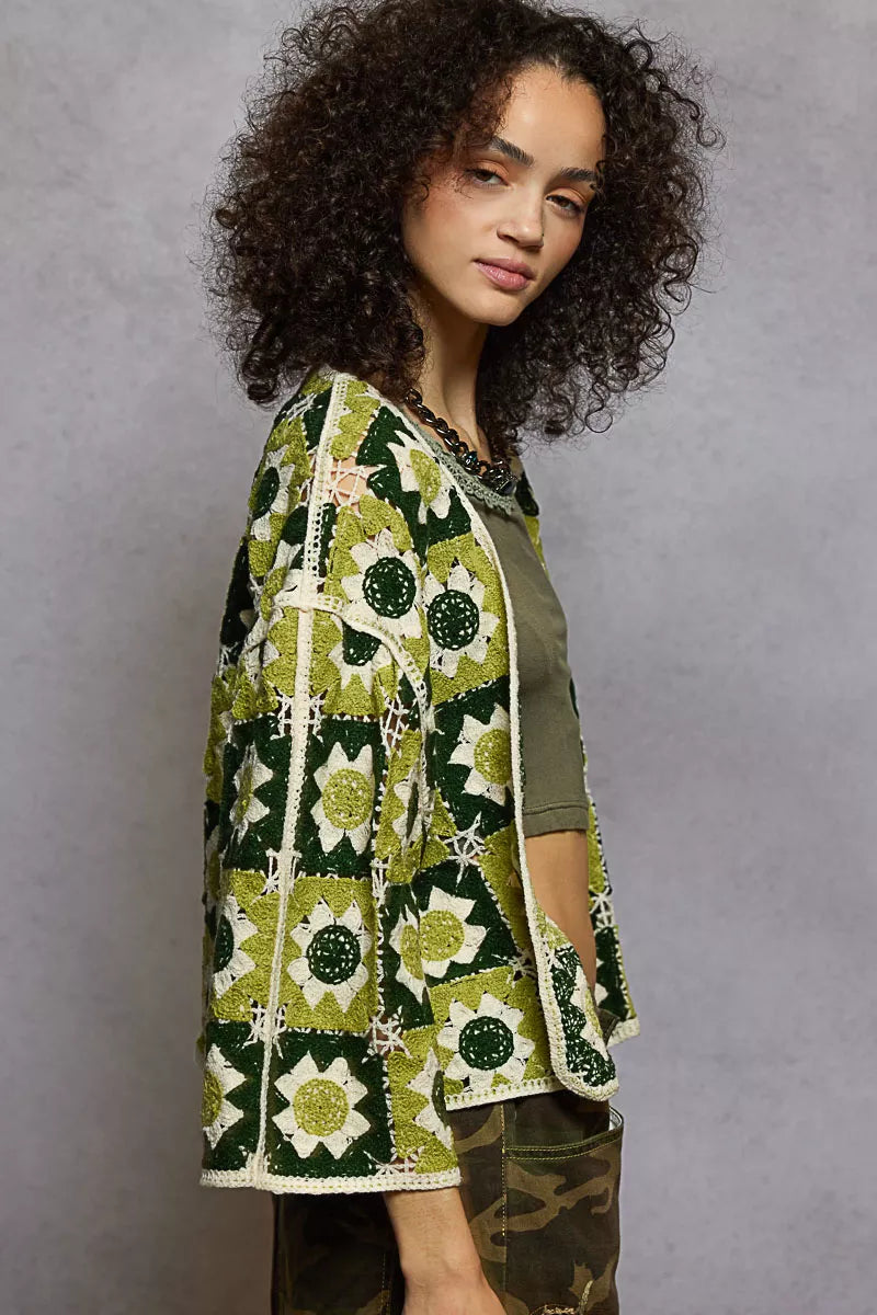 POL Open Front Cardigan with Varied Patterns 